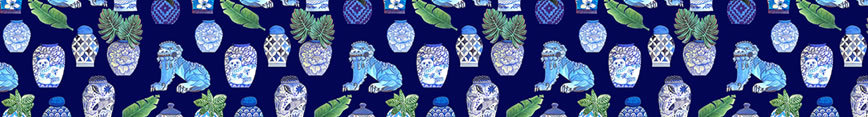 Maximalist-art-vintage-chinoiserie-blue-and-white-chinese-ginger-jars-and-foo-dogs-with-palm-and-calathea-by-magenta-rose-designs_preview